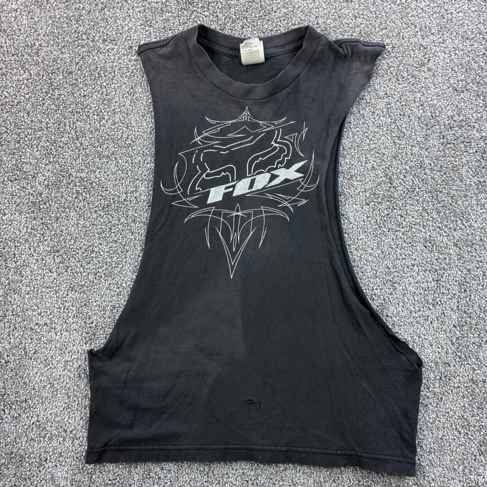 Vintage Fox Racing Muscle Tank Top Mens Small Black Cotton Graphic Cut Off Tee